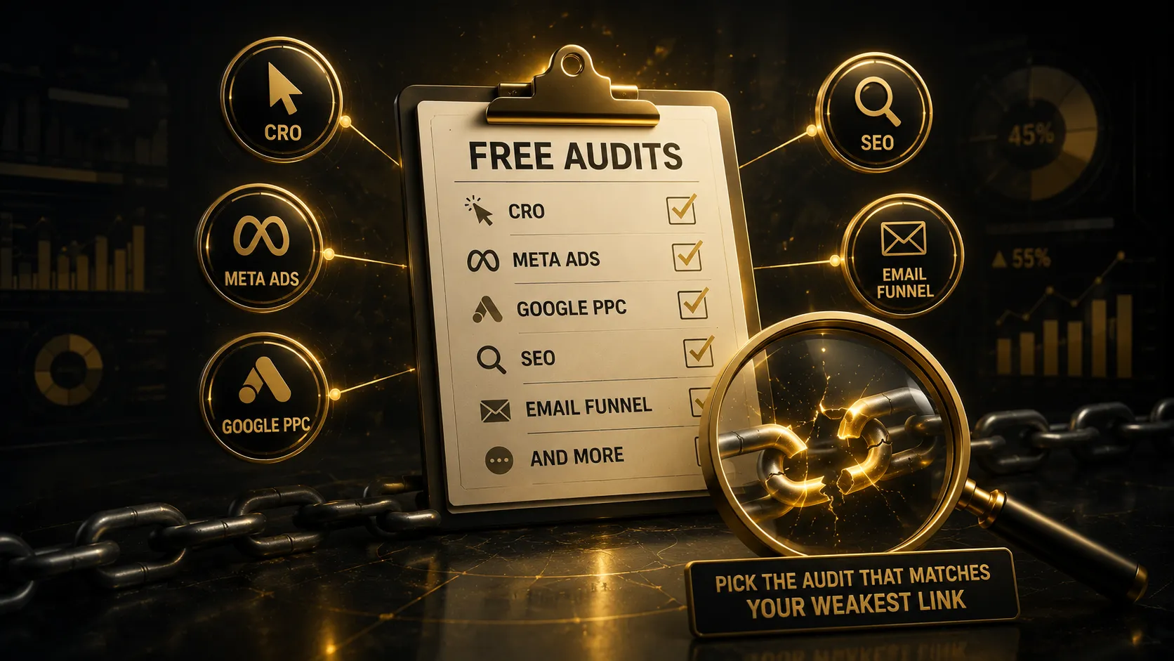 Marketing reports and charts under gold light