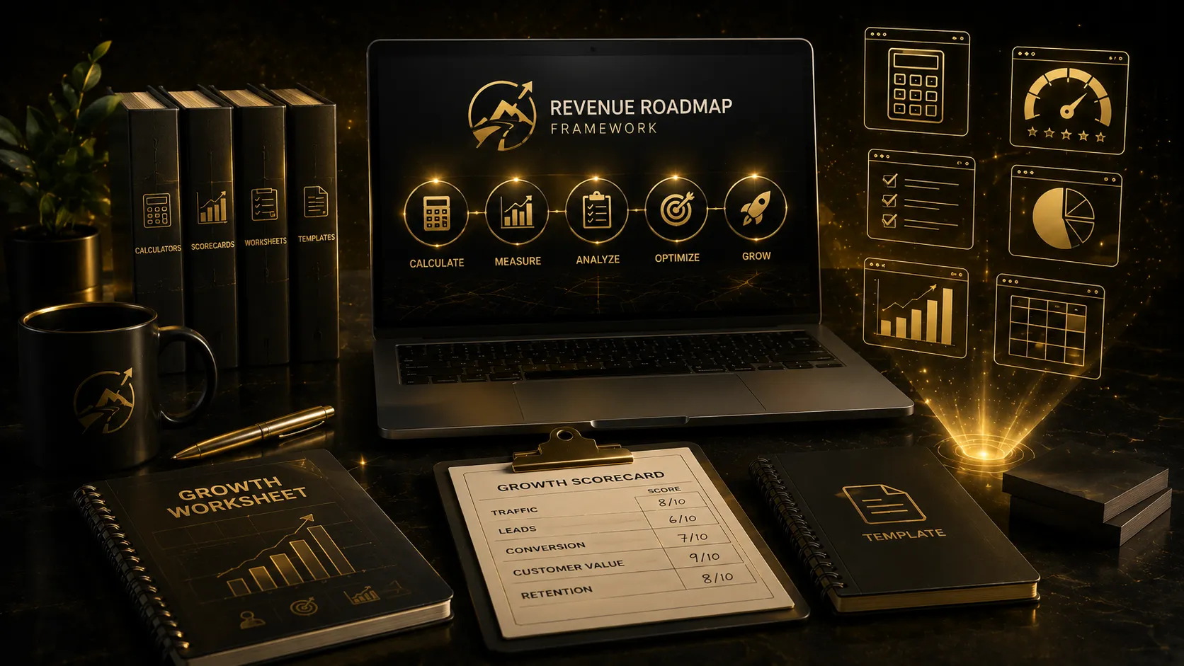 Growth planning tools on a desk under gold light