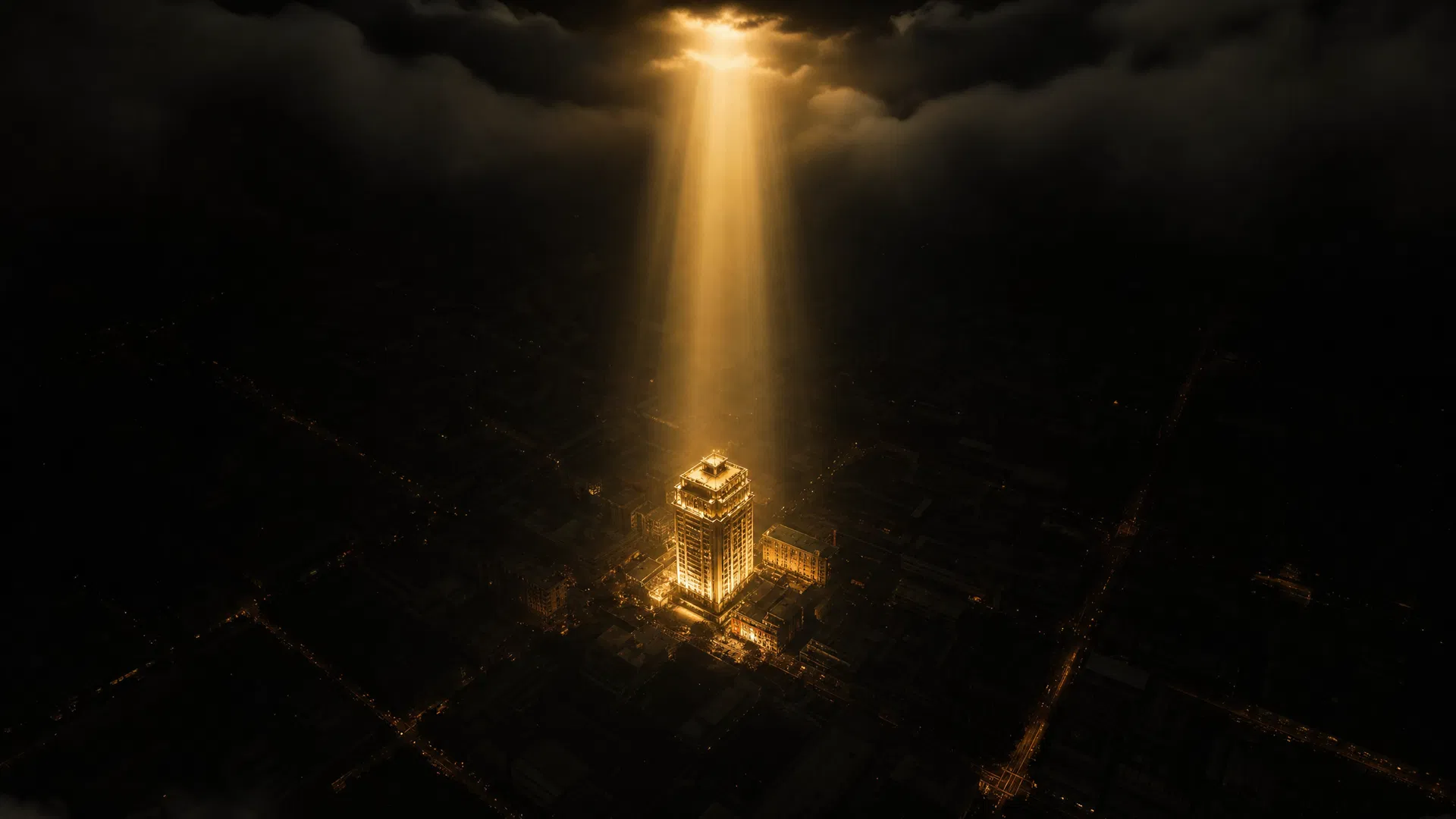 A single building illuminated by a golden spotlight in a dark city, SEO Visibility